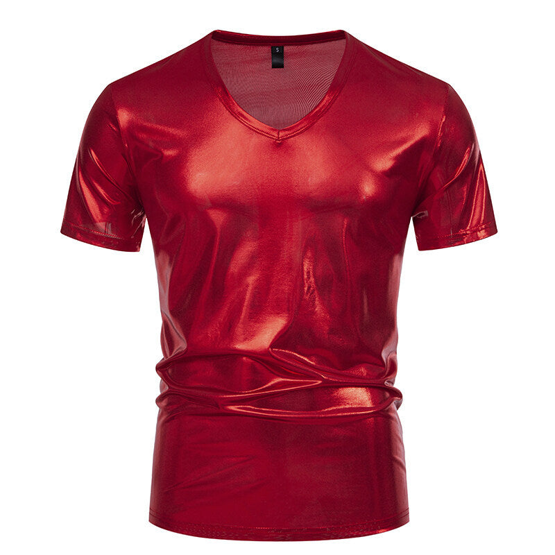 Herren V-Ausschnitt T-Shirt aus glänzendem Material mit persönlichem Stil R&B