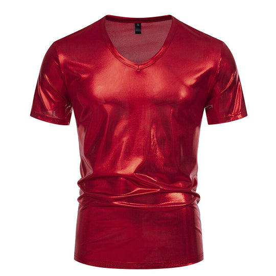 Herren V-Ausschnitt T-Shirt aus glänzendem Material mit persönlichem Stil R&B