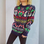 Damen weihnachtlicher Pullover mit bunten Motiven und lustigen Applikationen R&B