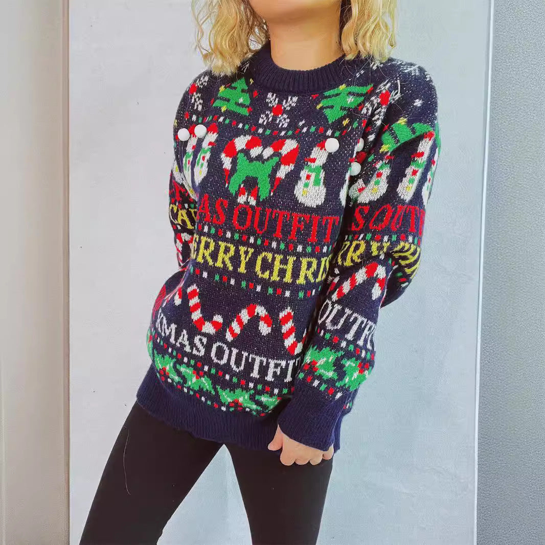 Damen weihnachtlicher Pullover mit bunten Motiven und lustigen Applikationen R&B