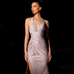 Damen Glamouröses Maxikleid mit tiefem V-Ausschnitt und raffiniertem Rüschendesign R&B