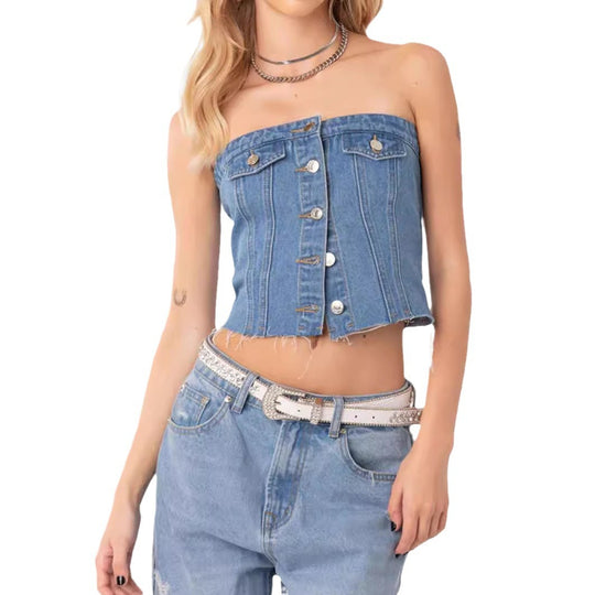 Damen Denim-Crop-Top mit gestricktem Überwurf R&B