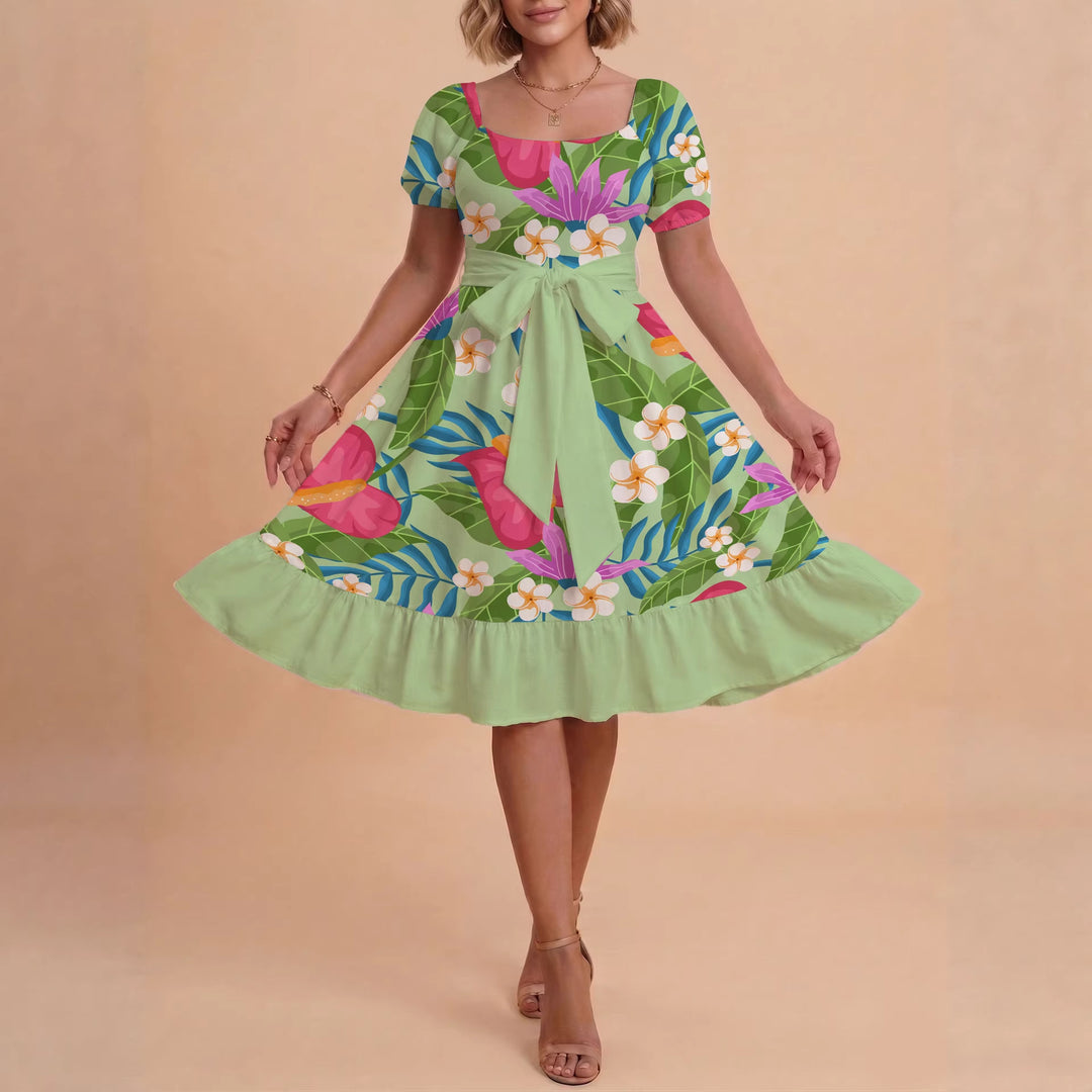 Damen Sommerkleid mit floralem Puffärmel und taillierbarem Gürtel R&B