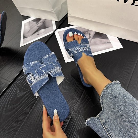 Damen Pantoletten mit modischem Fransen-Design und elastischem Riemen R&B