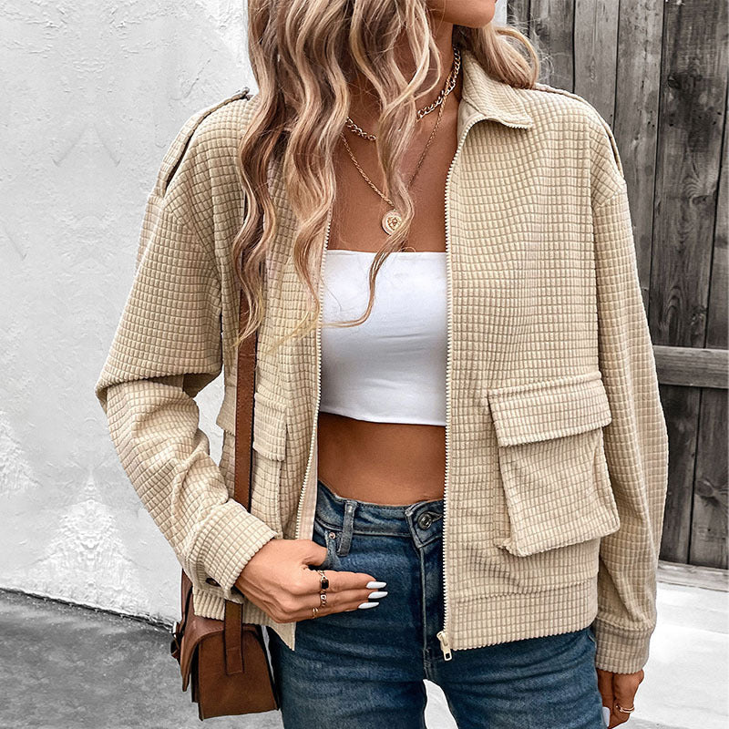Damen lässige Strukturierte Jacke mit Frontreißverschluss R&B