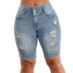 Damen Ripped Denim Shorts mit regulierbarem Bund und modischen Zierflicken R&B