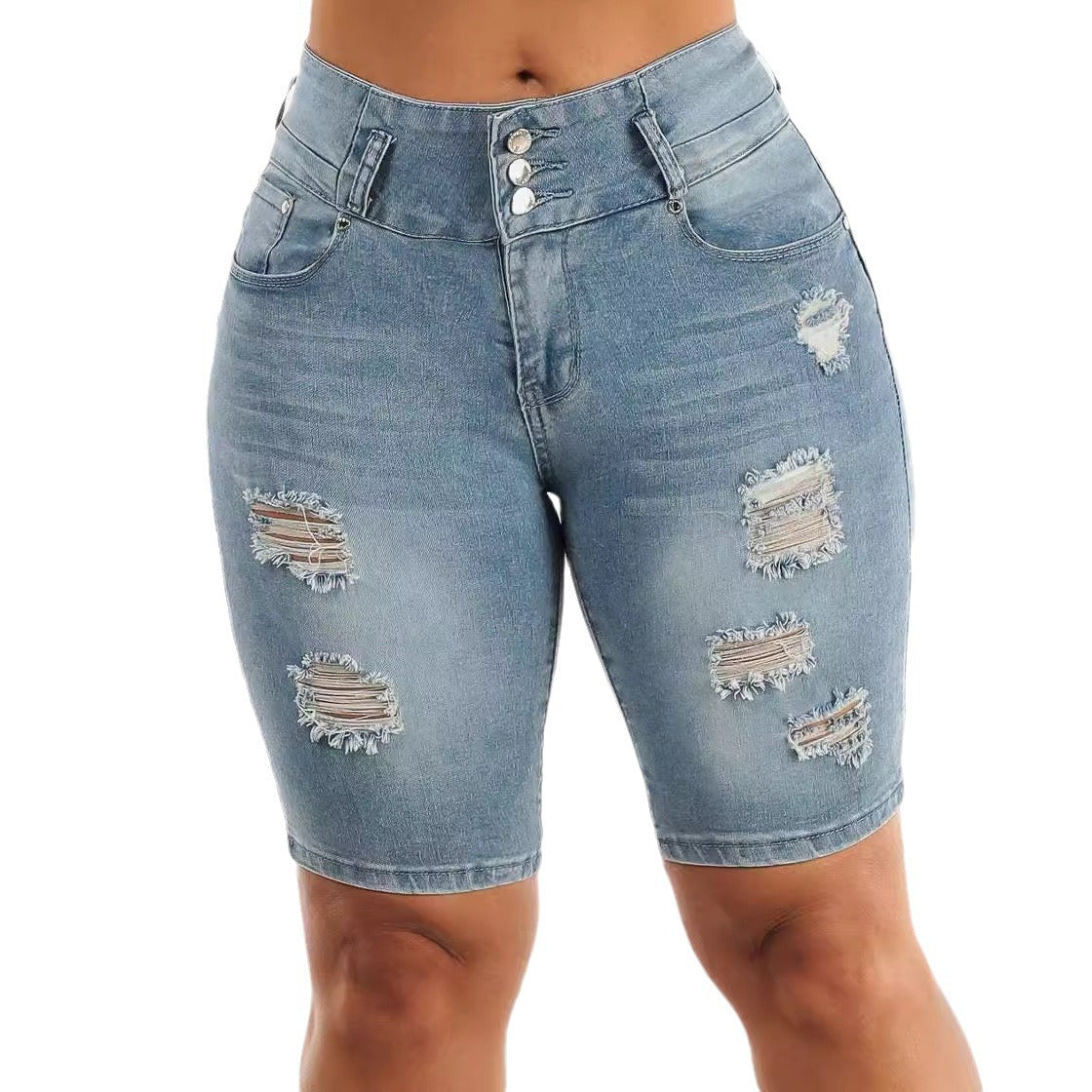 Damen Ripped Denim Shorts mit regulierbarem Bund und modischen Zierflicken R&B