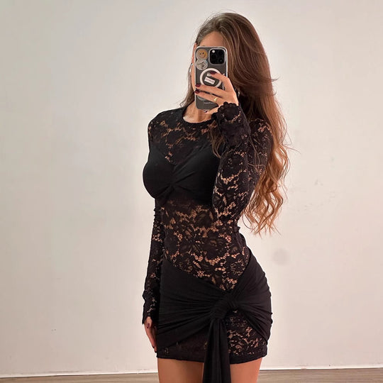 Damen Sexy Spitzen-Dress mit Wickel-Detail R&B