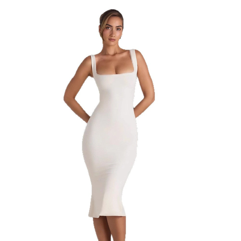 Damen Figurumspielendes Midi-Kleid mit quadratischem Ausschnitt und schmalem Schnitt R&B