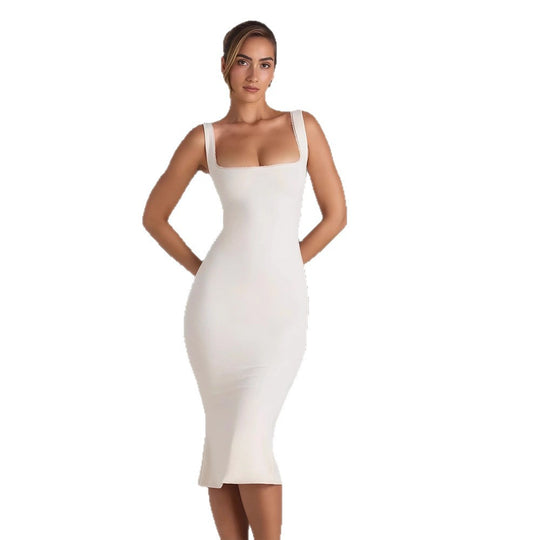 Damen Figurumspielendes Midi-Kleid mit quadratischem Ausschnitt und schmalem Schnitt R&B