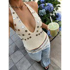 Damen trendiges Stricktop mit tiefem V-Ausschnitt und modischen Metallic-Akzenten R&B