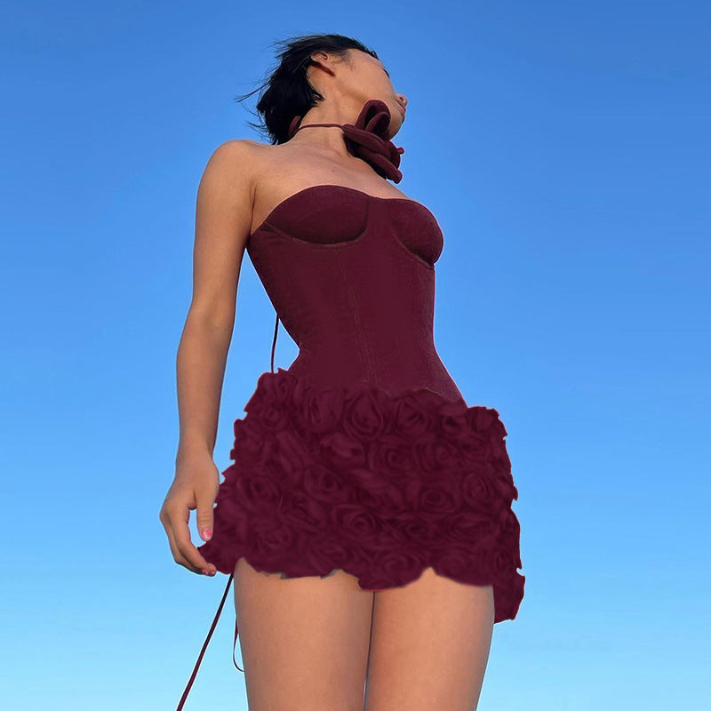 Damen Sexy Minikleid mit Blumenapplikationen und herzförmigem Ausschnitt R&B