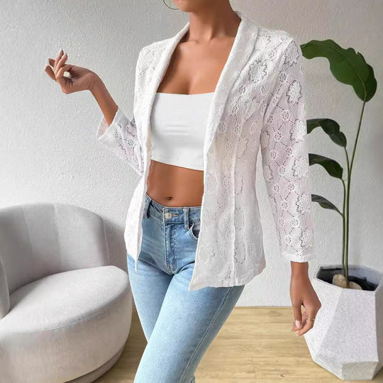 Damen nan transparenter Spitzenblazer mit Schalkragen und dreiviertellangen Ärmeln R&B