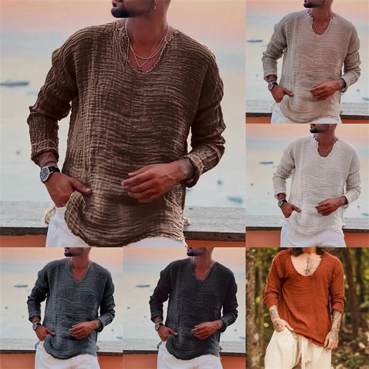 Herren lässiges V-Neck Leinenhemd R&B