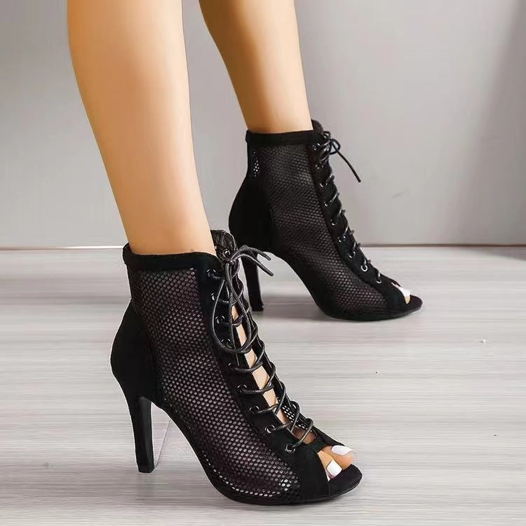 Damen offene Schnürstiefeletten im R&Brnen Mesh-Design mit hochwertigem Absatz R&B