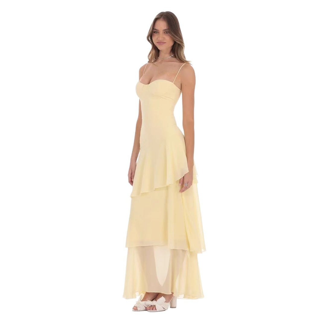 Damen nan romantisches Stufen-Maxikleid mit Herzausschnitt und feinen Spaghettiträgern R&B