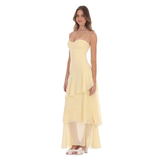 Damen nan romantisches Stufen-Maxikleid mit Herzausschnitt und feinen Spaghettiträgern R&B