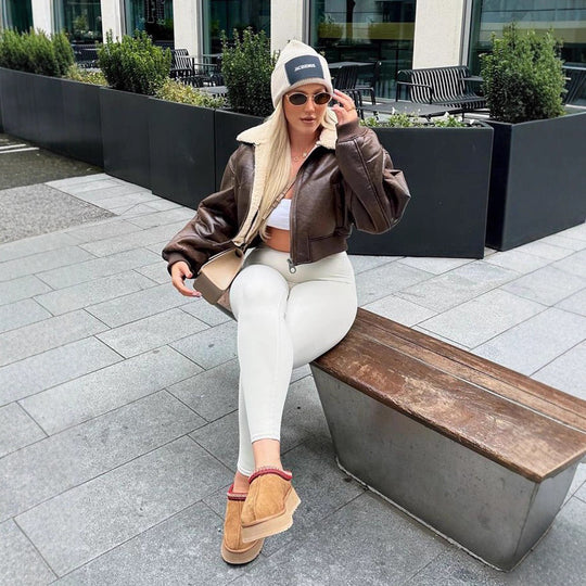 Damen cropped Kunstlederjacke mit Innenfutter aus Plüsch R&B