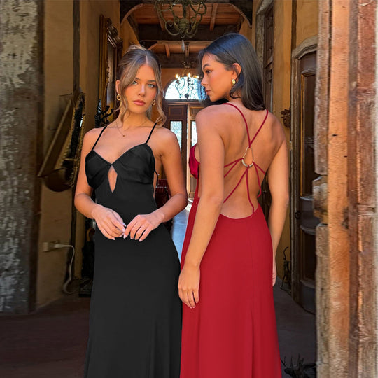 Damen elegantes Maxikleid mit v-förmigem Ausschnitt und feinen Trägern R&B