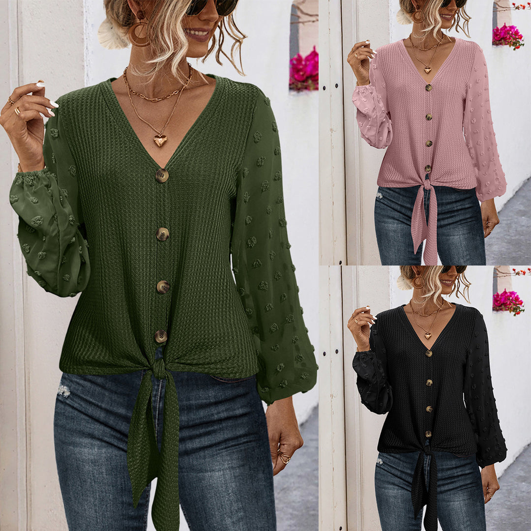 Damen modisches Blusenshirt mit Knopfdetails und voluminösen Ärmeln R&B