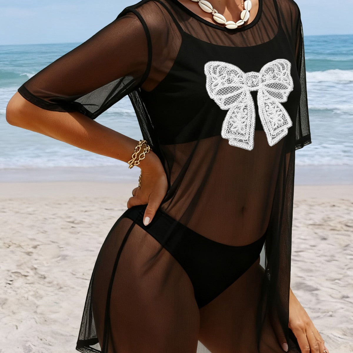 Damen transparenter Strandüberwurf mit filigranem Spitzenmuster R&B