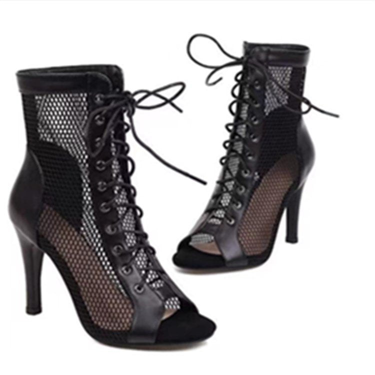 Damen Offene Zehen-Stiefeletten mit modischem Netzdesign und Schnürung R&B