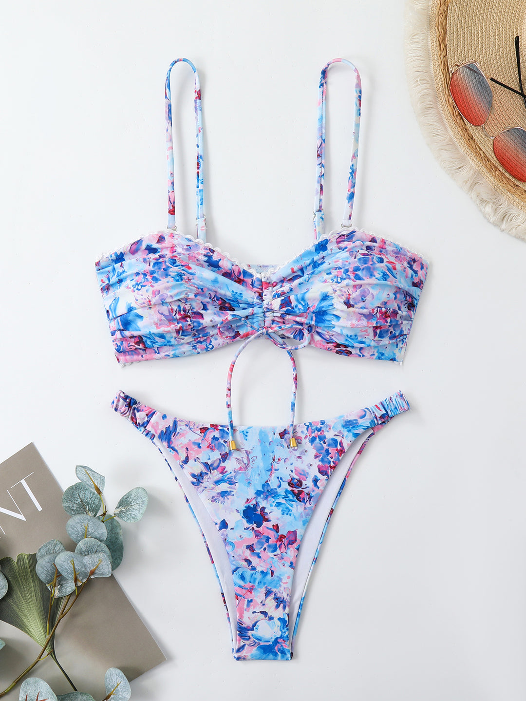 Damen-Bikini-Set mit Raffung und romantischem Blumendesign R&B