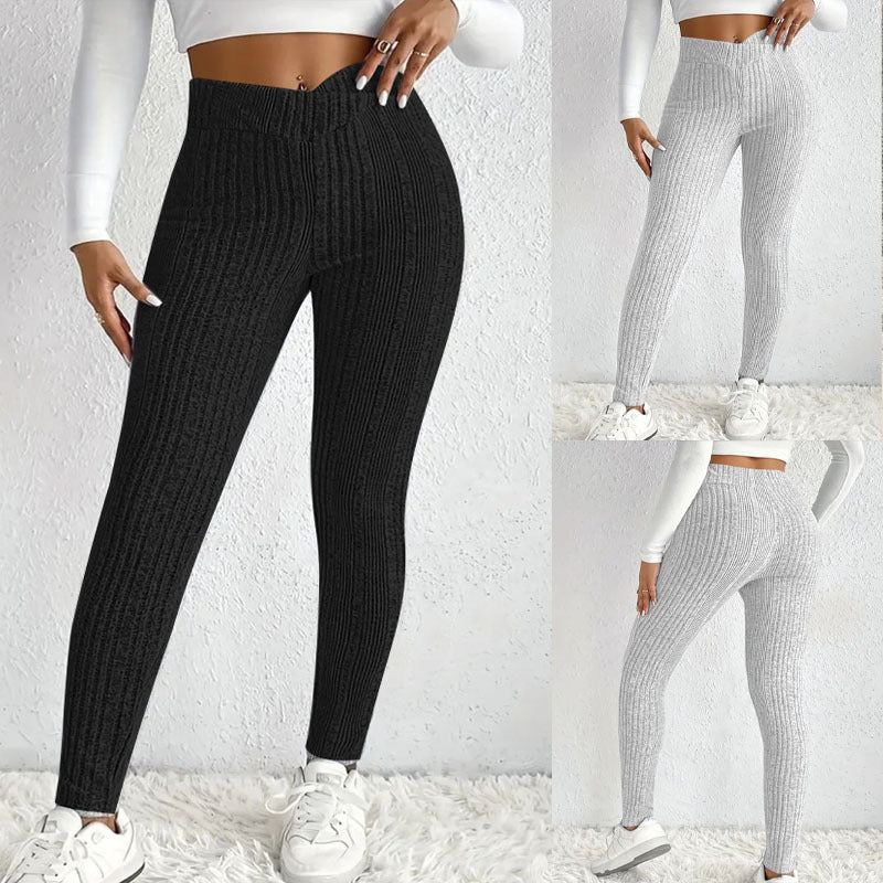 Damen Strickleggings mit hohem Bund und feinen Längsrippen R&B