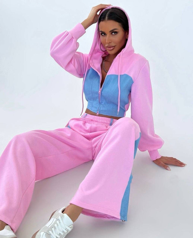 Damen sportliches Set mit cropped Kapuzenjacke und weitem Hosen R&B