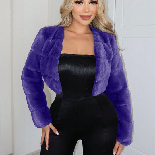 Damen Kurze Kunstpelzjacke mit breiten Ärmeln R&B