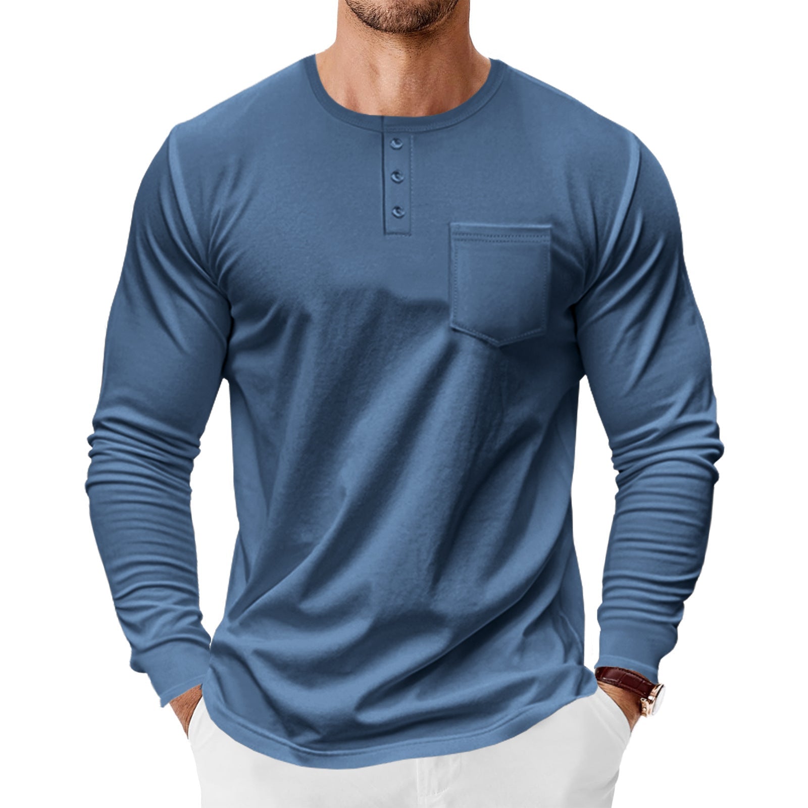 Herren Langarm-Henley-Shirt mit praktischer Brusttasche und modischen Knopfdetails R&B