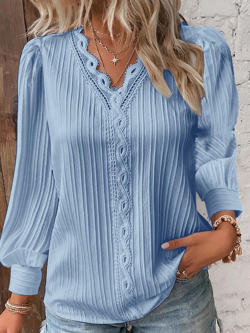 Damen nan romantische V-Ausschnitt Spitzenbluse mit Plissee und Puffärmeln R&B