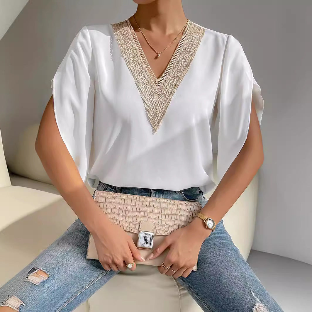 Damen elegantes V-Ausschnitt Oberteil mit dekorativen Details R&B