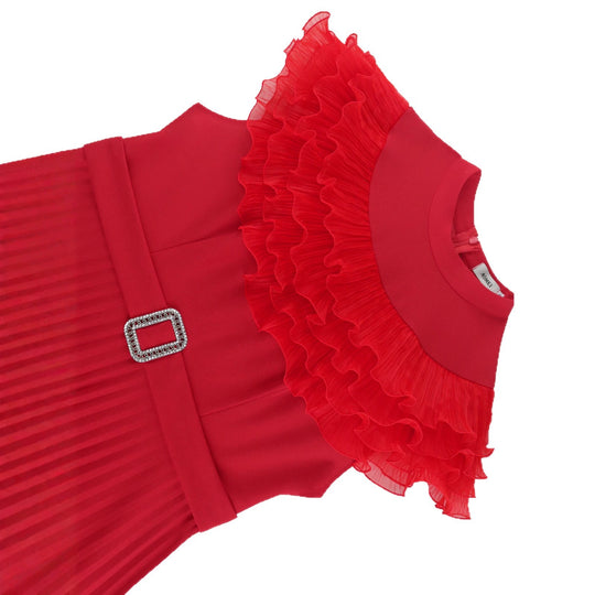 Damen plissiertes Abendkleid mit Volant-Ausschnitt und Taillengürtel R&B