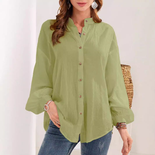 Damen lässige Bluse mit Knopfleiste und Stehkragen R&B