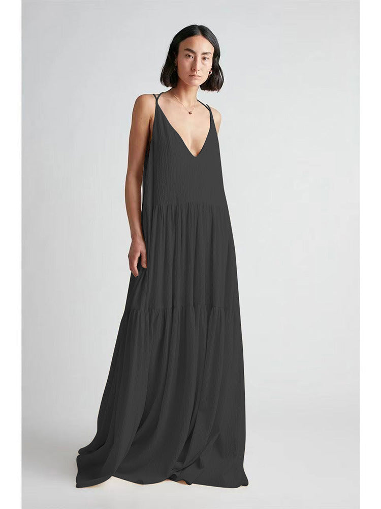 Damen Maxikleid mit tiefem V-Ausschnitt und voluminösem Rock R&B