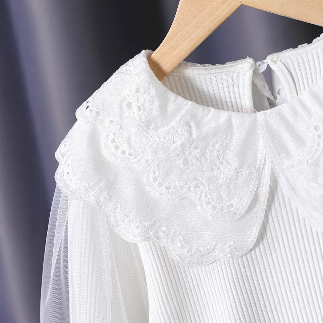 Mädchen modische Bluse mit elegantem Spitzenkragen und Tüllärmeln R&B