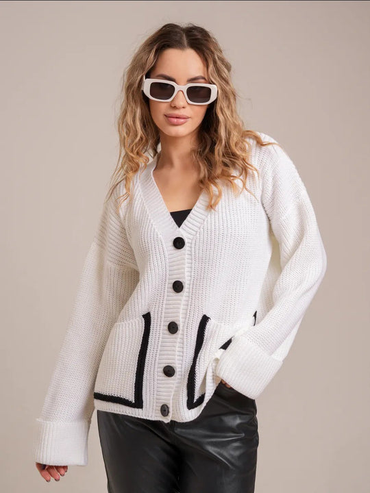 Damen Lässiger Strickcardigan mit breiten Ärmeln und kontrastierenden Taschen R&B