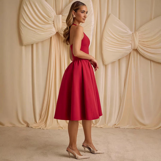 Damen A-Linien Kleid mit tiefem V-Ausschnitt und dekorativen Schleifen R&B