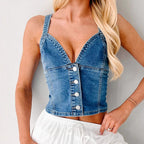 Damen Denim-Trägertop mit tiefem V-Ausschnitt und Knopfleiste R&B