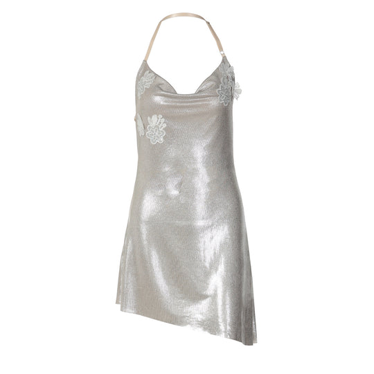 Damen glänzendes Cocktailkleid mit Spaghetti-Trägern und zarten Spitzenapplikationen R&B
