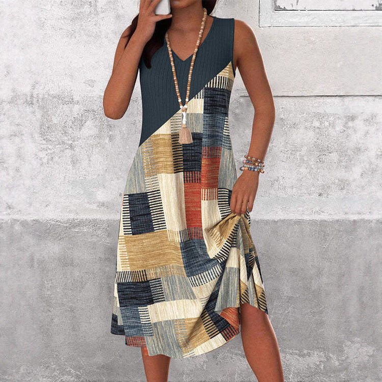 Damen nan ärmelloses V-Ausschnitt Midikleid mit diagonalem Patchworkmuster und geripptem Oberteil R&B