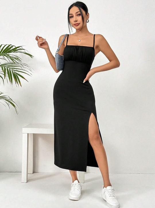 Damen figurbetontes Maxikleid mit elegantem Schlitz und schmalen Spaghetti-Trägern R&B