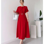 Damen Maxikleid mit Taillengürtel und puffärmeln R&B
