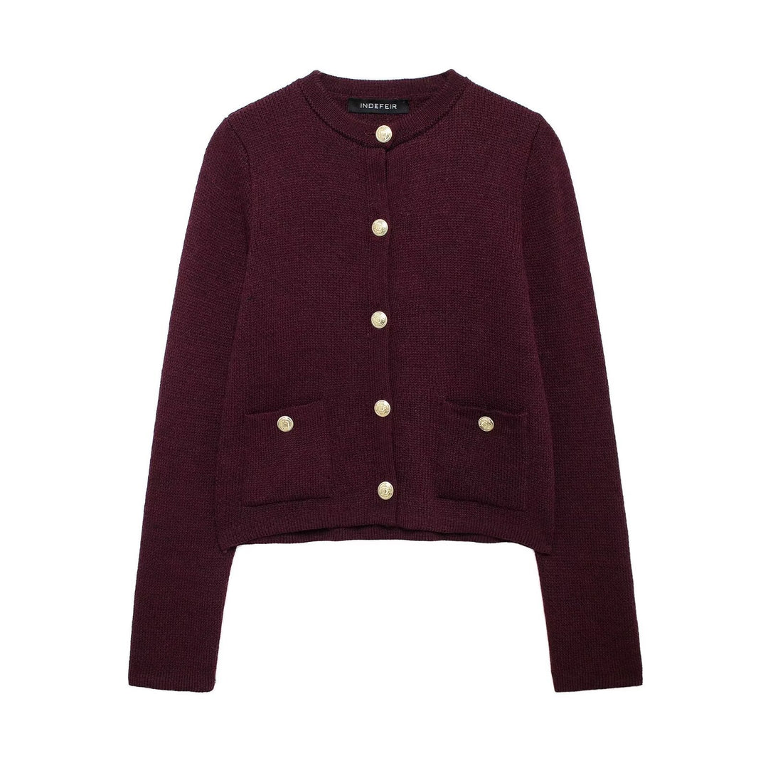 Damen modischer Strickjacke mit goldenen Knöpfen und aufgesetzten Taschen R&B