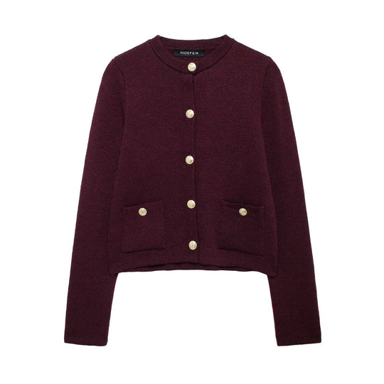 Damen modischer Strickjacke mit goldenen Knöpfen und aufgesetzten Taschen R&B