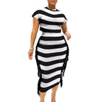 Damen Midi-Kleid mit fransigen Details und Streifenmuster R&B