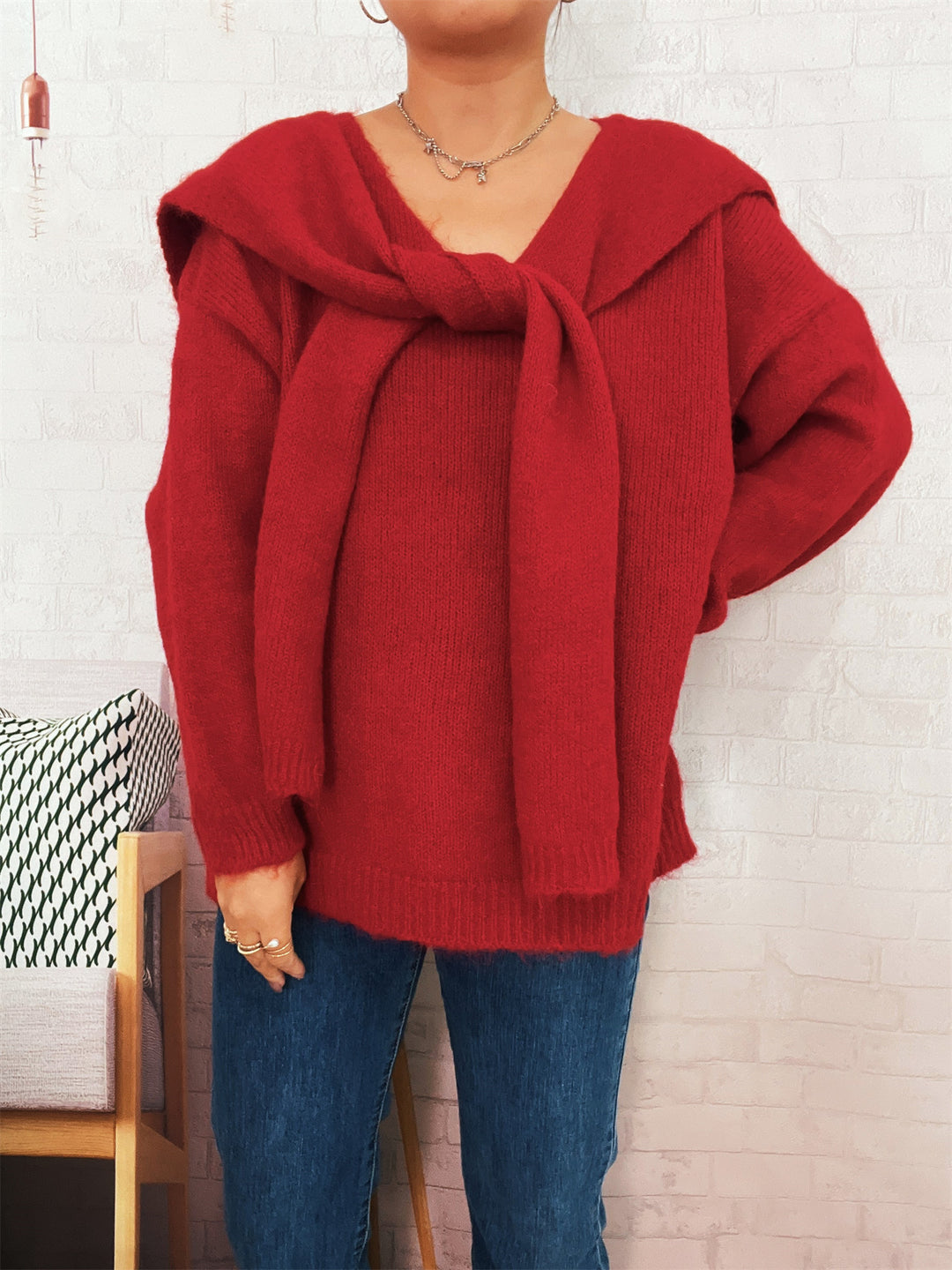 Damen lässiger Strickpullover mit abnehmbarer Kapuze und Knopfdetails R&B