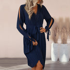 Damen elegantes Wickelkleid mit plissierten Details und Ärmelöffnungen