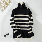 Damen Rollkragenpullover mit Knopfdetails und Streifendesign